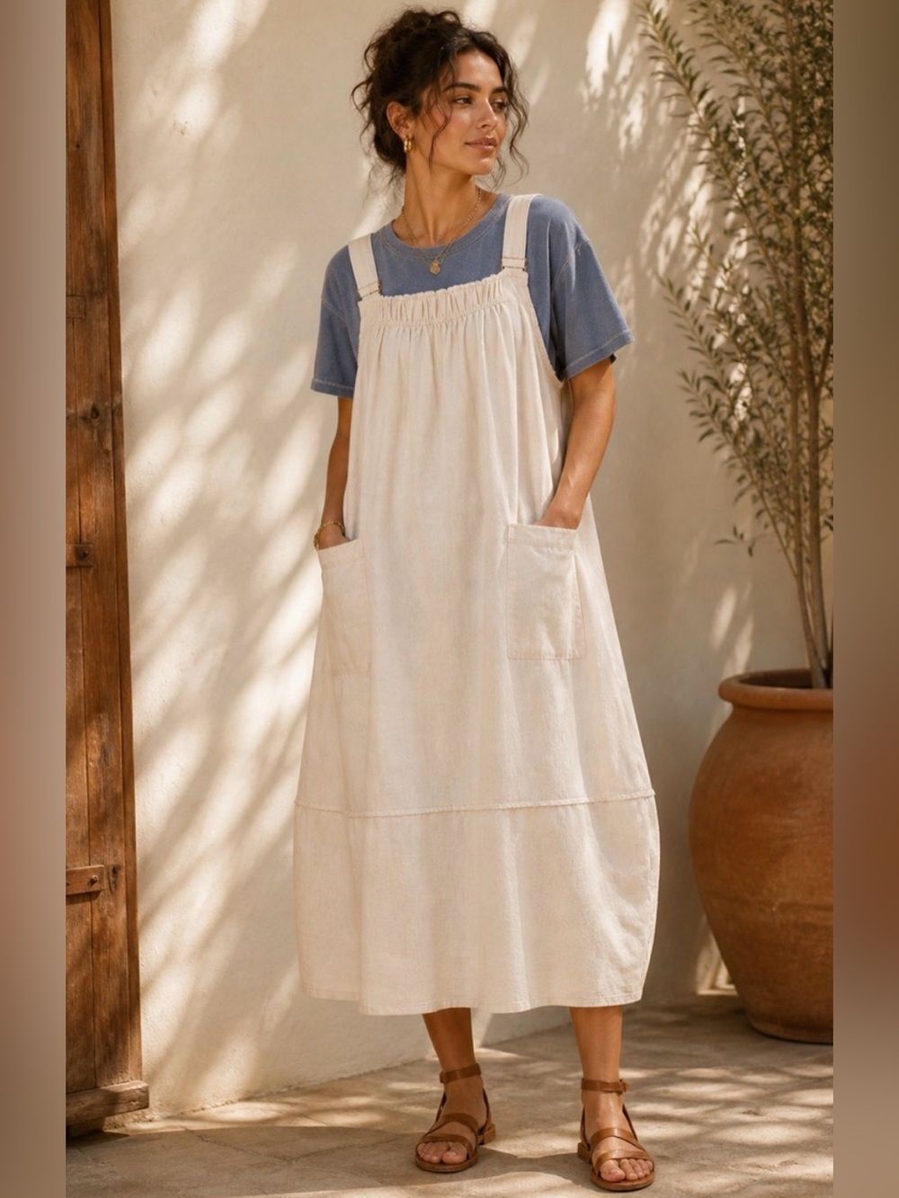 Very J Boho Denim Cotton Overall Dress NWT Size Large in Oatmeal